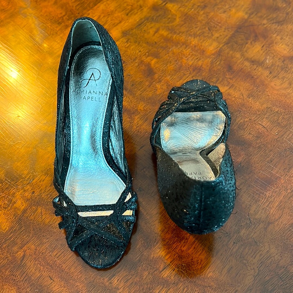 Adrianna Papell cage toe black sparkly dressy heels.